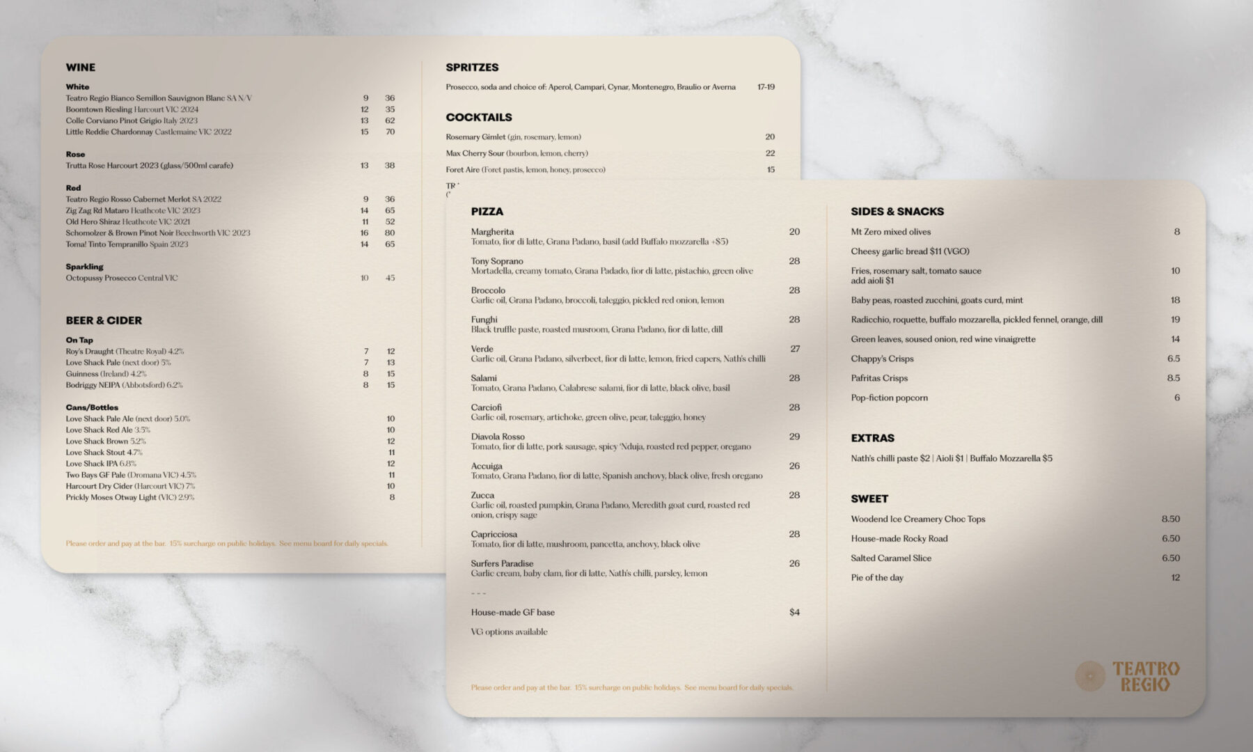 Food and drink Menu for Teatro Regio